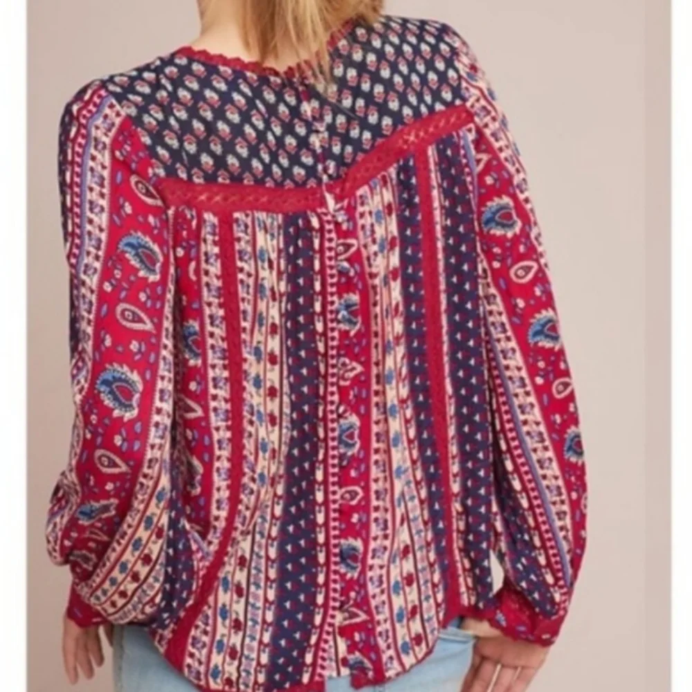Anthropologie Red Navy Blue Boho Long Sleeve Gretchen Patchwork Lace Blouse 12 - Picture 3 of 8